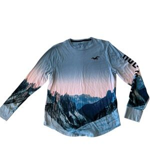 Hollister Blue and Pink Mountain Long Sleeve Tee